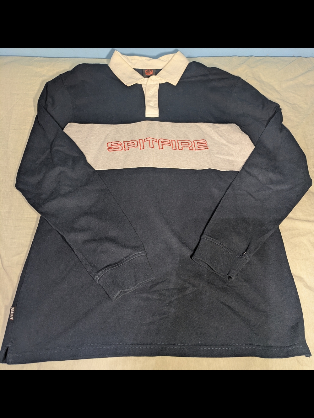 Spitfire Navy and White Long-Sleeve Rugby Shirt with Red Logo